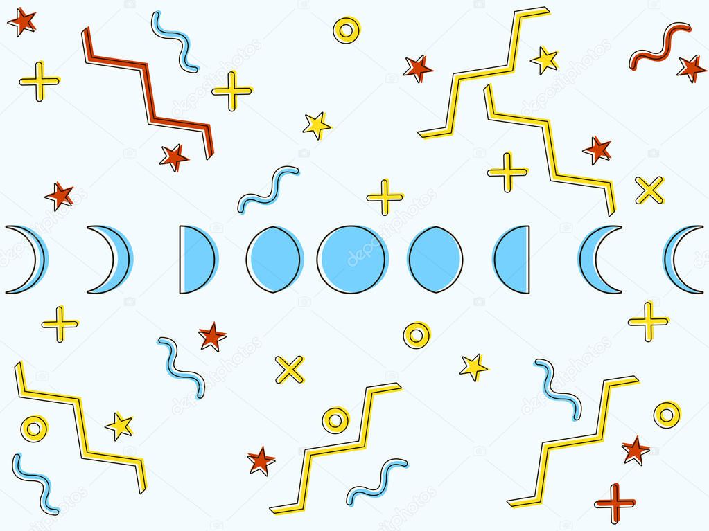 The phases of the moon in the style of Memphis. Geometric elements memphis in the style of 80's. Vector illustration