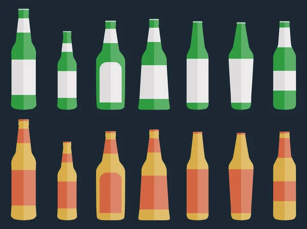 Seperangkat botol bir dalam gaya datar. Ilustrasi vektor - Stok Vektor