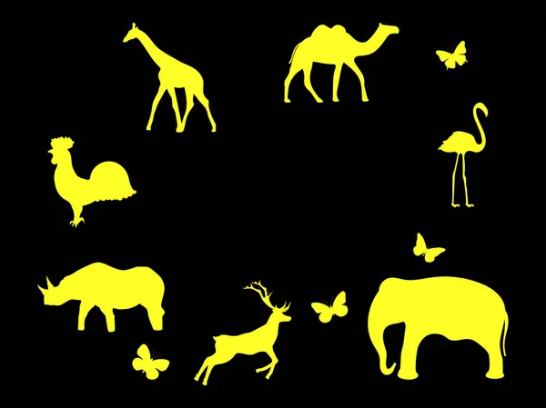 Sada zvířat. Savci, ptáci a hmyz. Žluté ikony na černém pozadí. Vektorové ilustrace — Stockový vektor