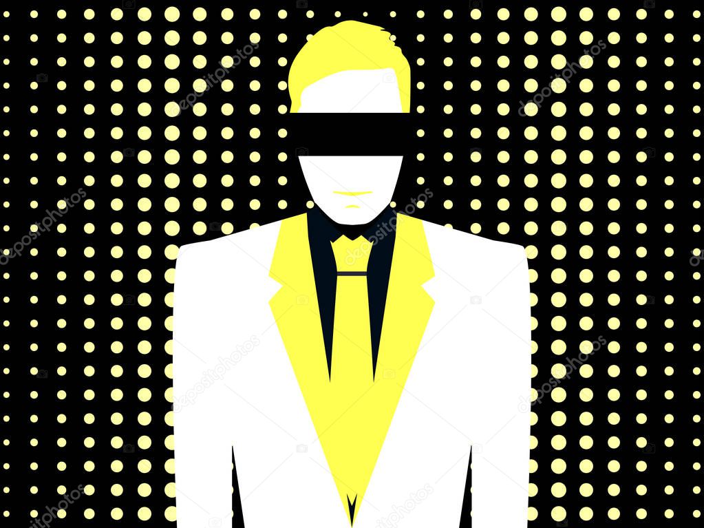 A man in a white suit with a tie in pop art style. Dotted background. Yellow and white. Vector illustration