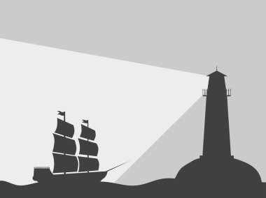 Bir deniz feneri suyla gemide. Siyah kontur siyah bir arka plan. Vektör çizim