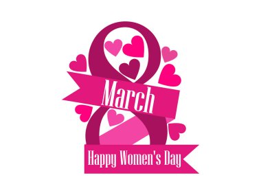 8 Mart günü. Dünya Kadınlar Günü etiketle şerit ve kalpleri. Vektör çizim