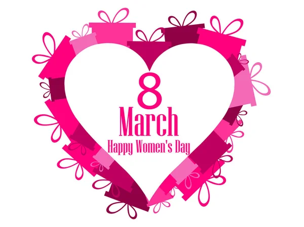 8 marzo giorno. Giornata internazionale della donna. Cuori con scatole regalo. Illustrazione vettoriale — Vettoriale Stock