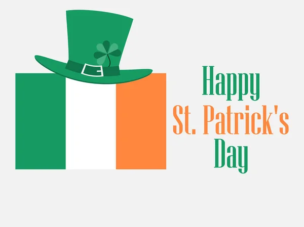 Joyeuse Saint-Patrick. Fond festif avec un drapeau irlandais et un trèfle. Chapeau de lutin. Illustration vectorielle — Image vectorielle