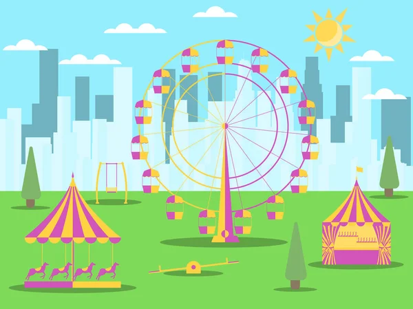 Stadsparken med attraktioner på bakgrunden av skyskrapor. Ett pariserhjul, en karusell med hästar och en gunga. Vektorillustration — Stock vektor
