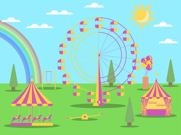 Zábavní park plochý. Ruské kolo, kolotoč s koňmi a houpačka. Slunečné počasí s duhou. Vektorové ilustrace — Stockový vektor