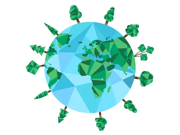 Día de la Tierra. Planeta poligonal bajo y árboles poligonales. Día Mundial del Medio Ambiente. Ilustración vectorial — Archivo Imágenes Vectoriales