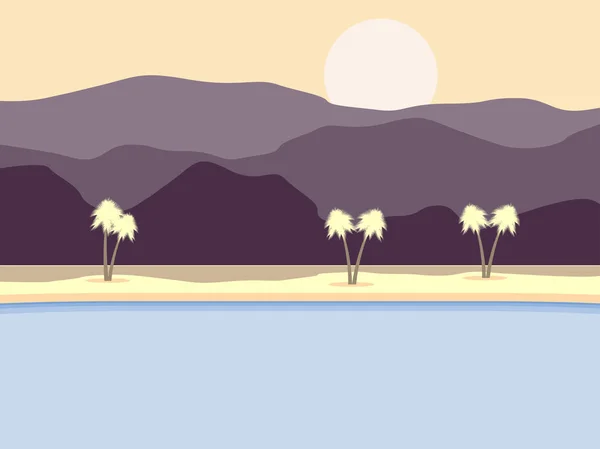 Costa con palmeras y montañas al fondo. Paisajes tropicales. Ilustración vectorial — Vector de stock