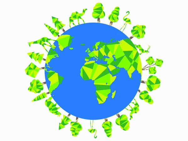 Día de la Tierra. Planeta animales y árboles. Día Mundial del Medio Ambiente. Ilustración vectorial — Archivo Imágenes Vectoriales