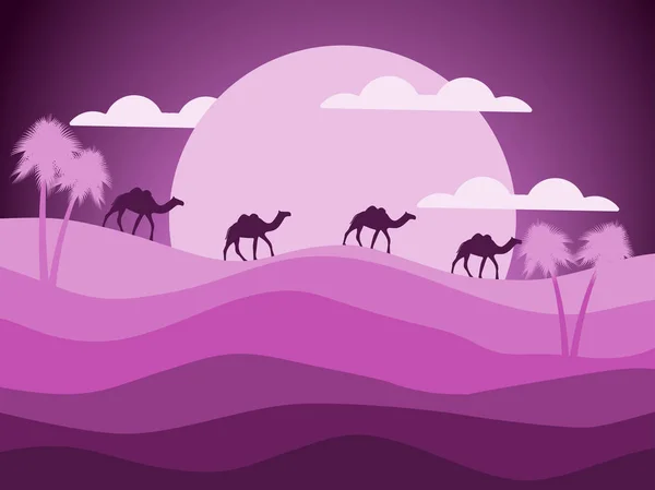 Desert landscape with a caravan of camels in the background of the sun. Vector illustration