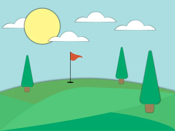 Campo de golfe com um buraco e uma bandeira vermelha. Arte de papel. Paisagem com campos verdes e árvores. Dia ensolarado. Ilustração vetorial — Vetor de Stock