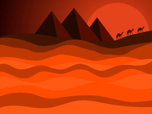 Pirâmides egípcias do antigo Egito. Paisagem do deserto com uma caravana de camelos no fundo do sol. Ilustração vetorial — Vetor de Stock