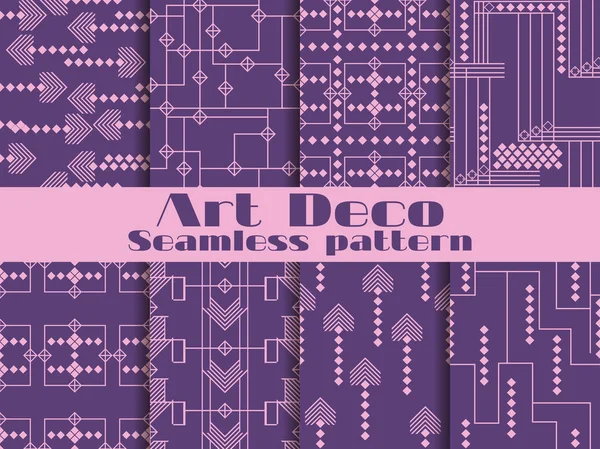 Art deco seamless patterns. Purple color. Set retro backgrounds. Style 1920's, 1930's. Vector — Stock Vector