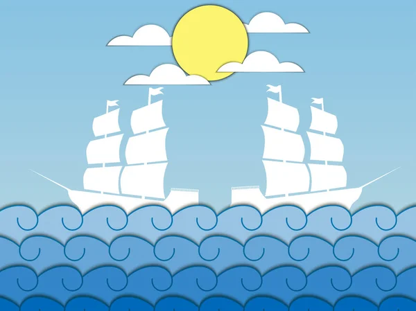 Onde di carta. Navi sulle onde, a vela nave medievale. Paesaggio marino. Illustrazione vettoriale — Vettoriale Stock