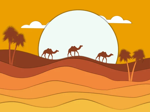 Paisagem do deserto com uma caravana de camelos no fundo do sol. Egito. Estilo papel. Ilustração vetorial — Vetor de Stock