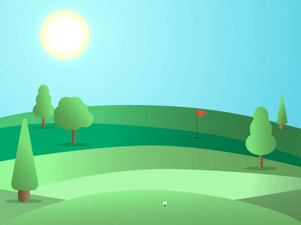 Golf course with a hole and a red flag. Landscape with green fields and trees. Sunny day. Vector illustration — Stock Vector