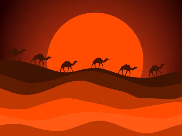 Пустынный пейзаж с караваном верблюдов на фоне солнца. Векторная иллюстрация — стоковый вектор