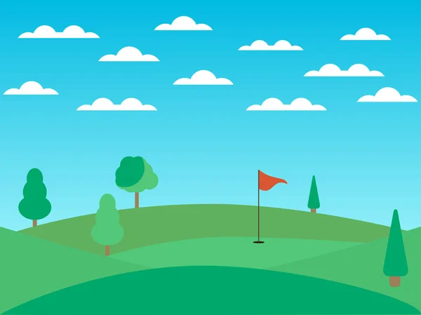 Golf course with a hole and a red flag. Landscape with green fields and trees. Sunny day. Vector illustration — Stock Vector