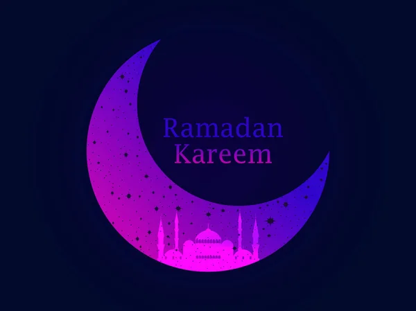 Ramadan Kareem. Masjid dan bulan sabit. Bintang dan bulan. Cahaya liburan Muslim. Poster yang indah, spanduk. Ilustrasi vektor - Stok Vektor