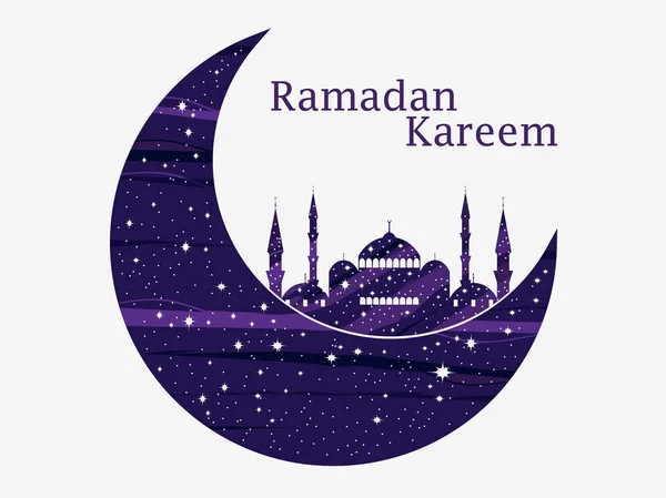 Kareem Ραμαζάνι. Το Τζαμί και ένα μισοφέγγαρο. Αστέρια και το φεγγάρι. Μουσουλμανική εορτή τα φώτα. Πανέμορφη αφίσα, banner. Εικονογράφηση διάνυσμα — Διανυσματικό Αρχείο