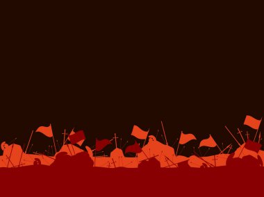 Ortaçağ savaş. Savaştan sonra. Bayraklar, kılıç, mızrak ve oklar. Vektör çizim