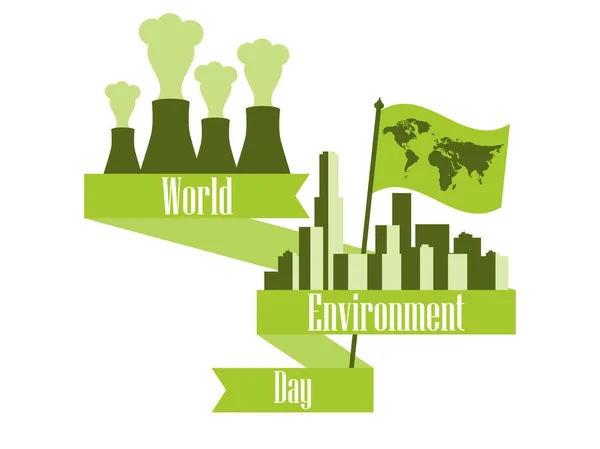 Día Mundial del Medio Ambiente 5 de junio. Contaminación ambiental. Tuberías con humo. Cinta y bandera con mapa mundial. Ilustración vectorial — Archivo Imágenes Vectoriales