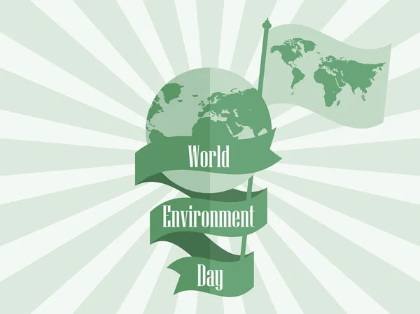 Wereld milieu dag 5 juni. Planeet aarde met lint en vlag met wereldkaart. Feestelijke label, banner. Vectorillustratie — Stockvector