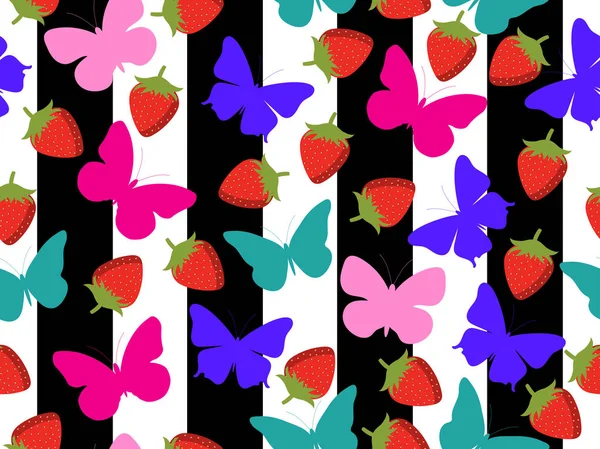 Nahtloses Streifenmuster mit Erdbeeren und Schmetterlingen. Sommer Hintergrund für Kleidung und Interieur. Vektorillustration — Stockvektor