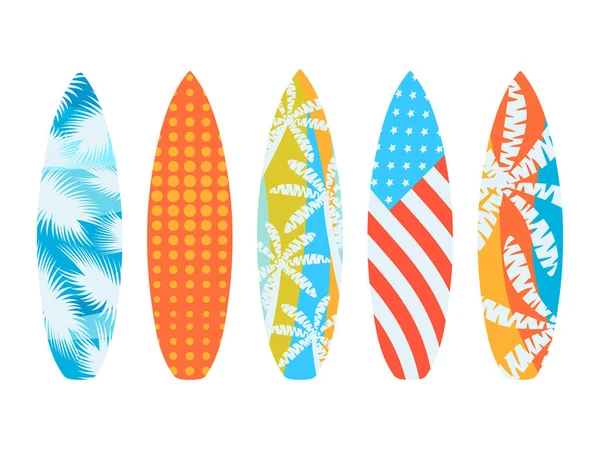 Planches de surf sur fond blanc. Types de planches de surf avec un motif. Illustration vectorielle — Image vectorielle