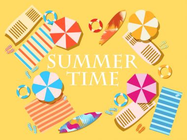 Yaz saati. Plaj öğeleri, şemsiye, raflar, Battaniyeler, flip flop, sörf tahtaları, vektör çizim