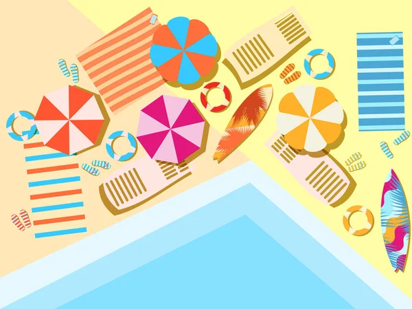 Piscine, vue dégagée. Transats et parasols du soleil, repos à la piscine. Illustration vectorielle — Image vectorielle