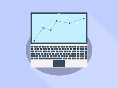 Dizüstü uzun gölge ile düz. Grafik göstergeler. Vektör çizim