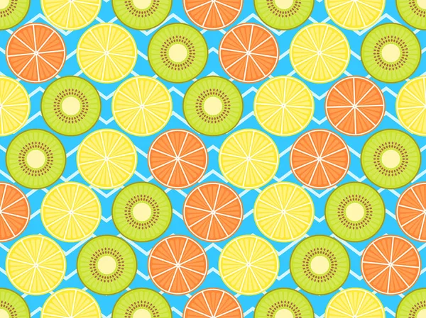 Wzór z kiwi, pomarańcze i cytryny. Owoce na tle z zygzaki. Ilustracja wektorowa — Wektor stockowy