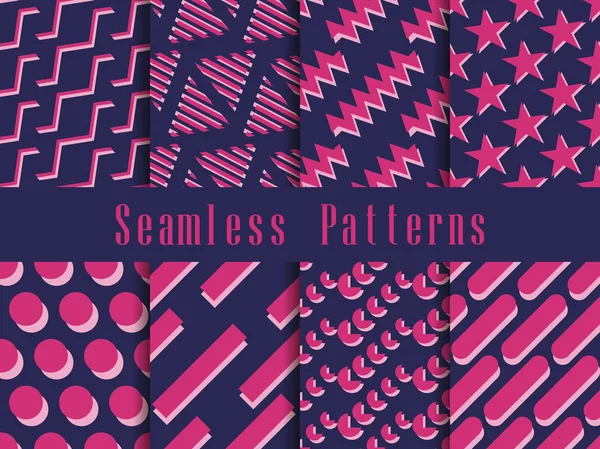 Conjunto de padrões geométricos sem costura. Figuras geométricas com uma sombra no estilo dos anos 80. Ilustração vetorial — Vetor de Stock