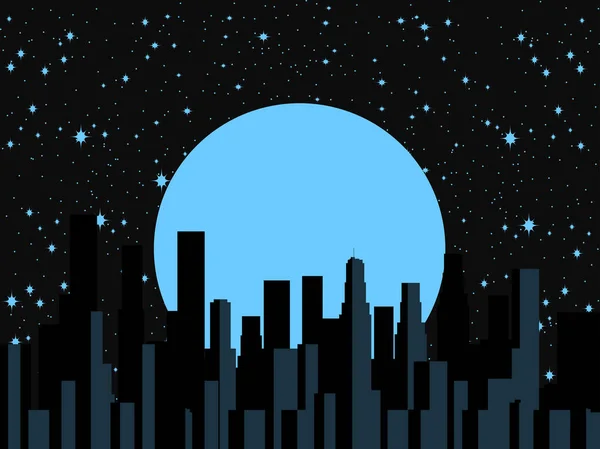 Ville nocturne, lune et étoiles. Panorama de la ville, gratte-ciel. Illustration vectorielle — Image vectorielle