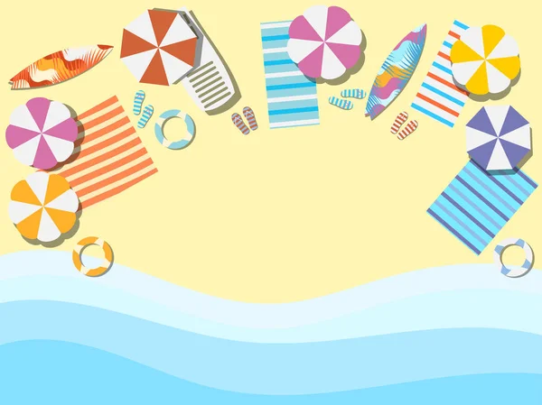 Spiaggia, lungomare con onde. Chaise lounge con ombrellone, tavola da surf. Vista dall'alto. Copriletto con infradito. Illustrazione vettoriale — Vettoriale Stock