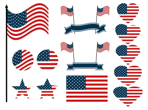 Amerikanische Flagge gesetzt. Sammlung von Symbolen mit der Flagge der Vereinigten Staaten von Amerika. Vektorillustration — Stockvektor