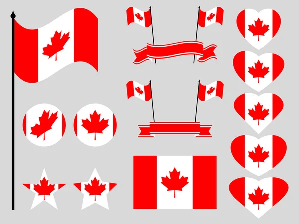 Bandeira do Canadá. Coleção de símbolos, bandeira no coração. Botão e estrela. Ilustração vetorial — Vetor de Stock
