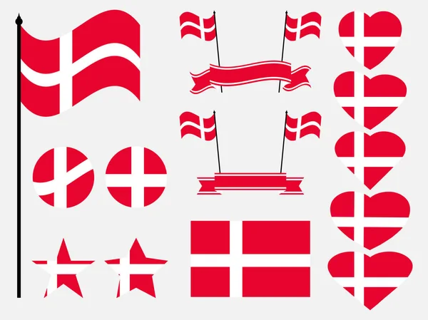 Dánsko nastaven příznak. Kolekce symboly, vlajky v srdci. Vektorové ilustrace — Stockový vektor