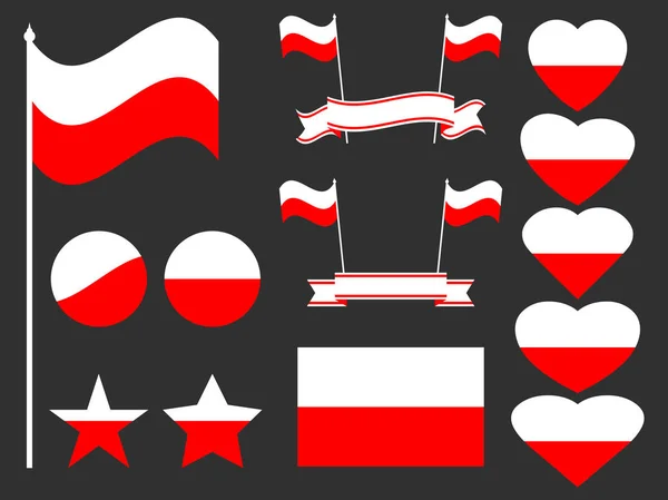 Polonia bandiera impostata. Raccolta di simboli, bandiera nel cuore. Pulsante e stella. Illustrazione vettoriale — Vettoriale Stock
