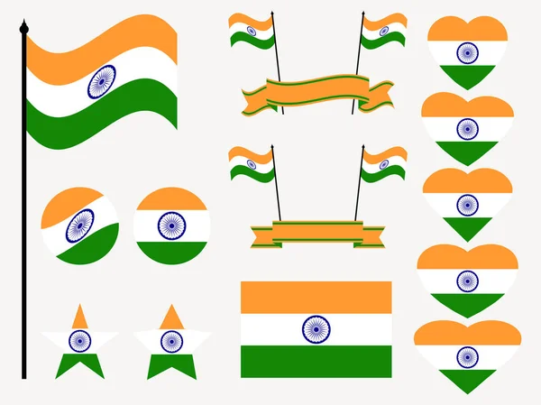 Bandiera indiana. Raccolta di simboli, bandiera nel cuore. Illustrazione vettoriale — Vettoriale Stock