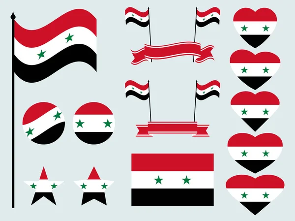 Syriska flaggan inställd. Samling av symboler, flagga i hjärtat. Knappen och stjärna. Vektorillustration — Stock vektor