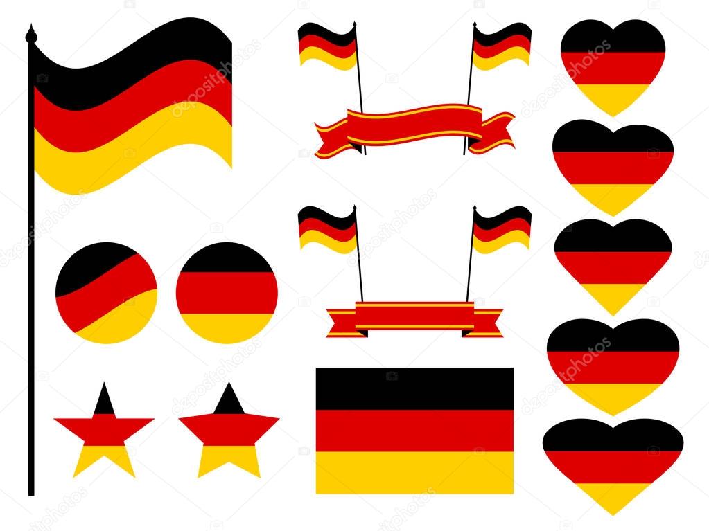 Germany flag set. Collection of symbols, flag in heart. Vector illustration