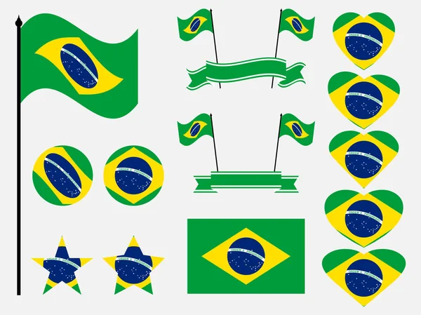 Brasilianische Flagge gesetzt. Sammlung von Symbolen, Flagge im Herzen. Vektorillustration — Stockvektor