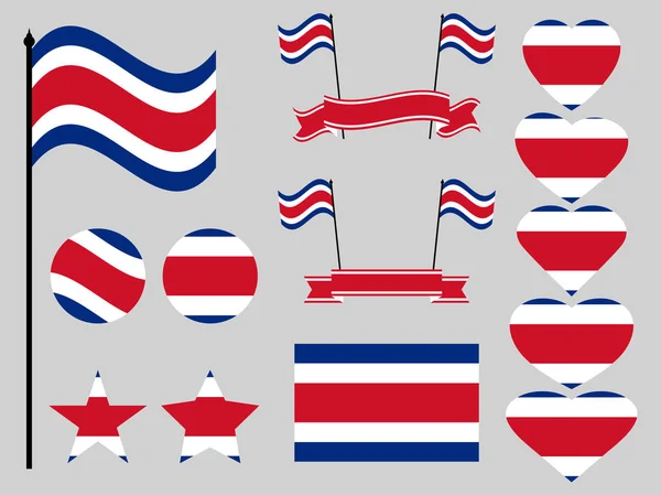 Costa Rica bandiera set simboli, bandiera nel cuore. Illustrazione vettoriale — Vettoriale Stock