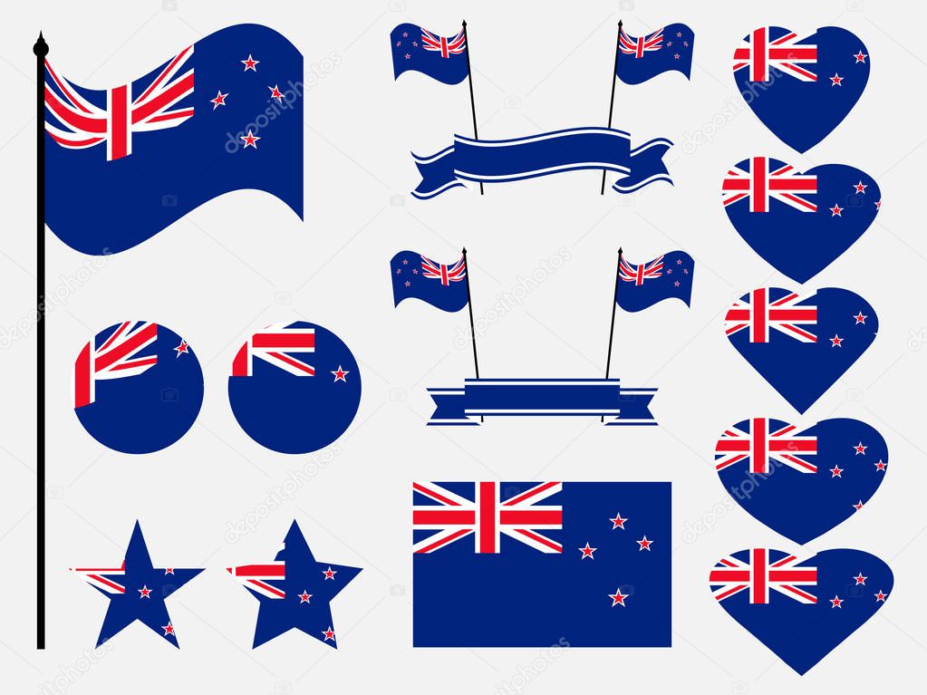 New Zealand flag set. Collection of symbols, flag in heart. Vector illustration