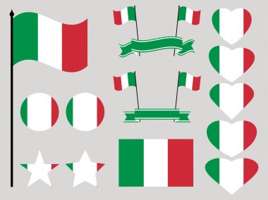 İtalya bayrağı ayarlanmış. Sembolleri kalp ve daire koleksiyonu. Vektör çizim