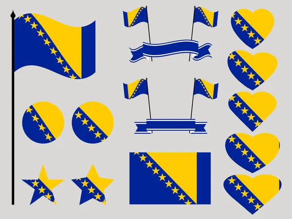 Bandera de Bosnia y Herzegovina. Colección de símbolos corazón y círculo. Ilustración vectorial — Vector de stock
