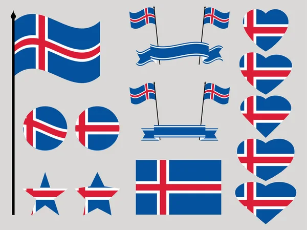 Bandiera Islanda impostata. Collezione di simboli cuore e cerchio. Illustrazione vettoriale — Vettoriale Stock