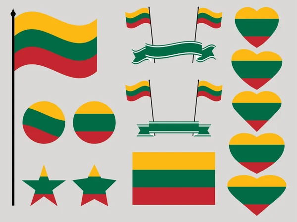Lituania bandiera impostata. Collezione di simboli cuore e cerchio. Illustrazione vettoriale — Vettoriale Stock